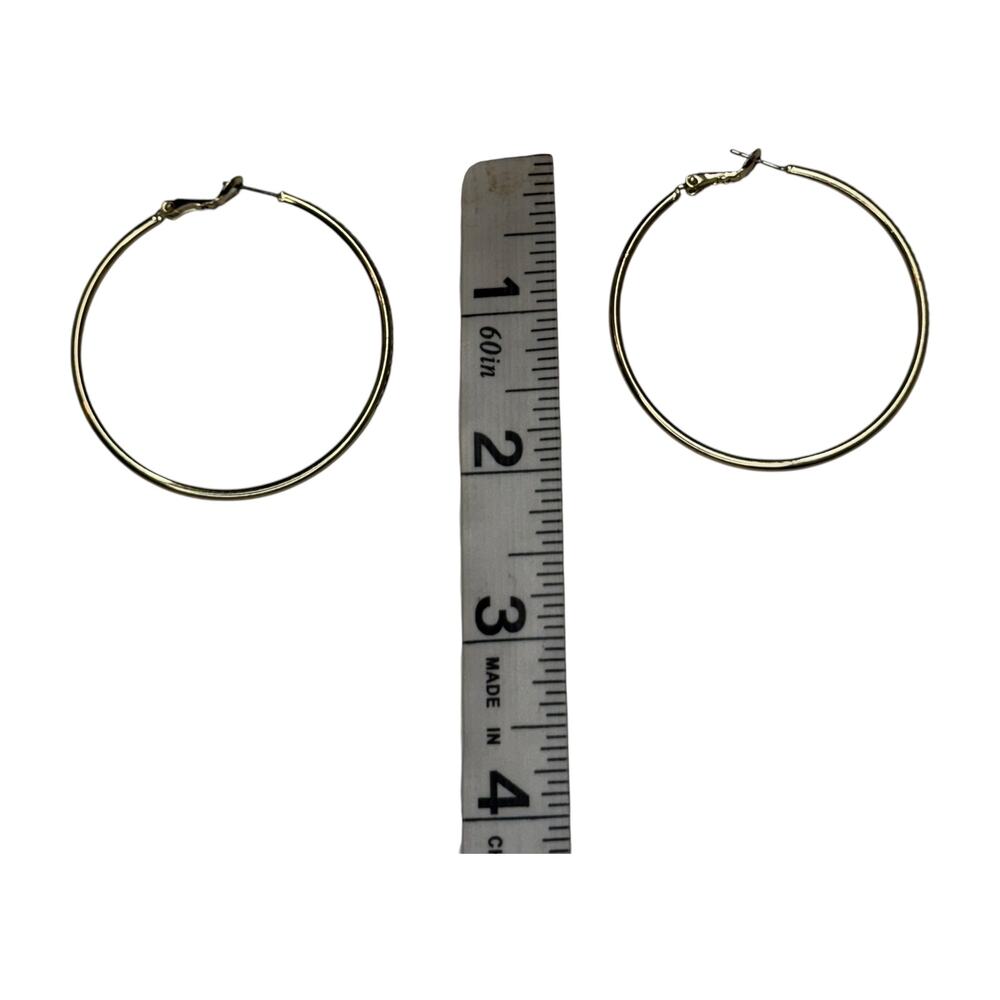 Gold Tone Rhinestone Large 2 Inch Hoop Earrings Lever Back - Picture 6 of 6